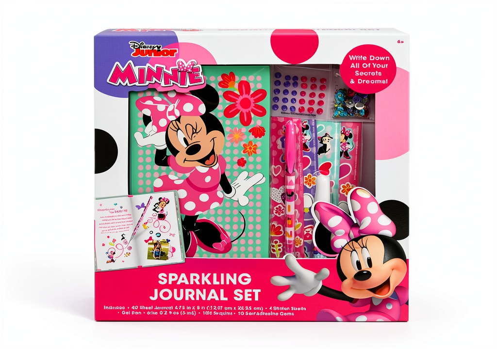 Disney Minnie Mouse Scrapbook Kit open on a table with journal and decorations