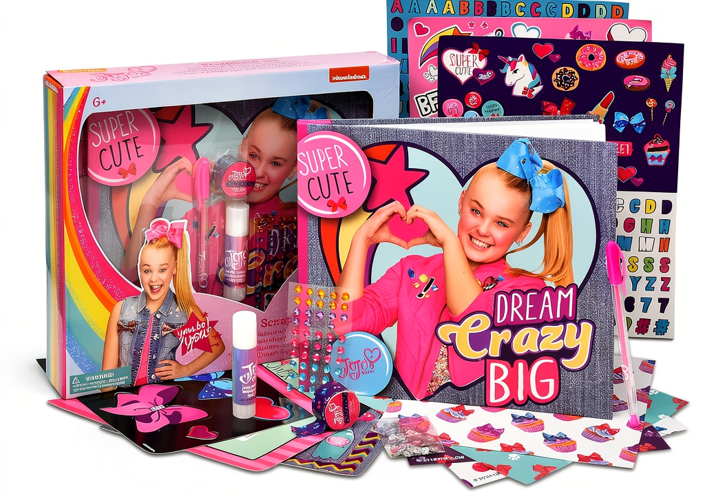 JoJo Siwa Scrapbook Kit Pink Colorful 650 Pieces Kids unboxed on a wooden table with compartments visible