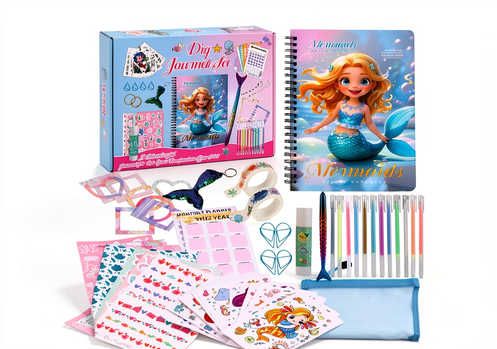DICVUTE mermaid scrapbook kit open on a table with accessories