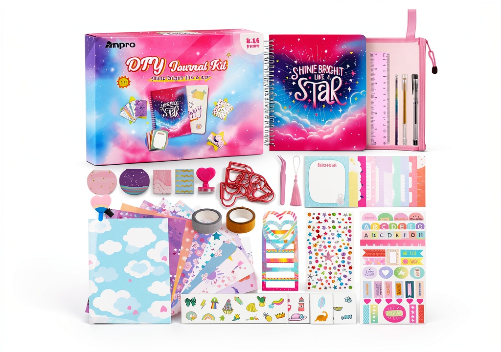 Anpro DIY Journal Kit open on a desk with colorful accessories