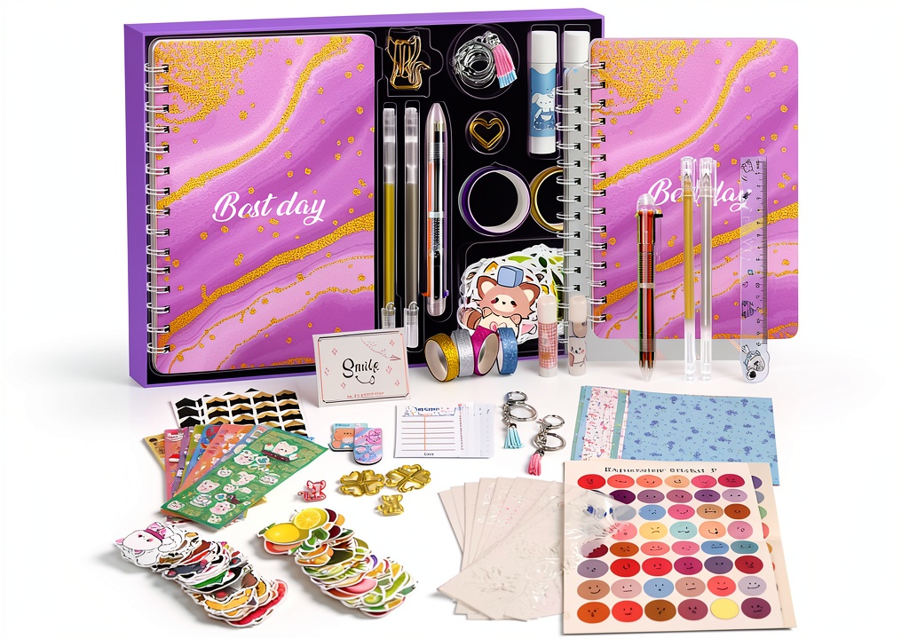 Suziko DIY Journal Set for Girls Scrapbooking Kit Supplies components organized on craft table