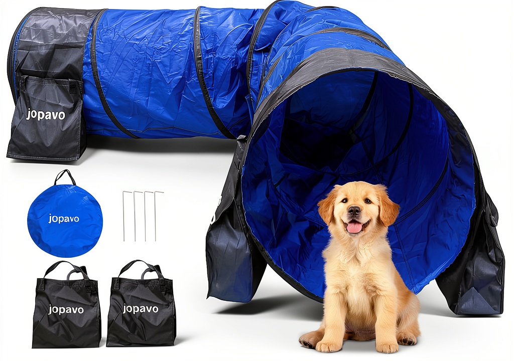 Installing Jopavo Dog Agility Tunnel Durable Training Equipment in a backyard obstacle course