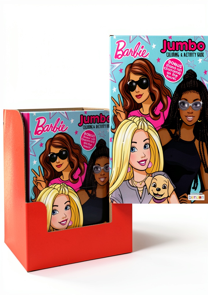 'Barbie Giant Coloring Book open on a table with colorful pages'