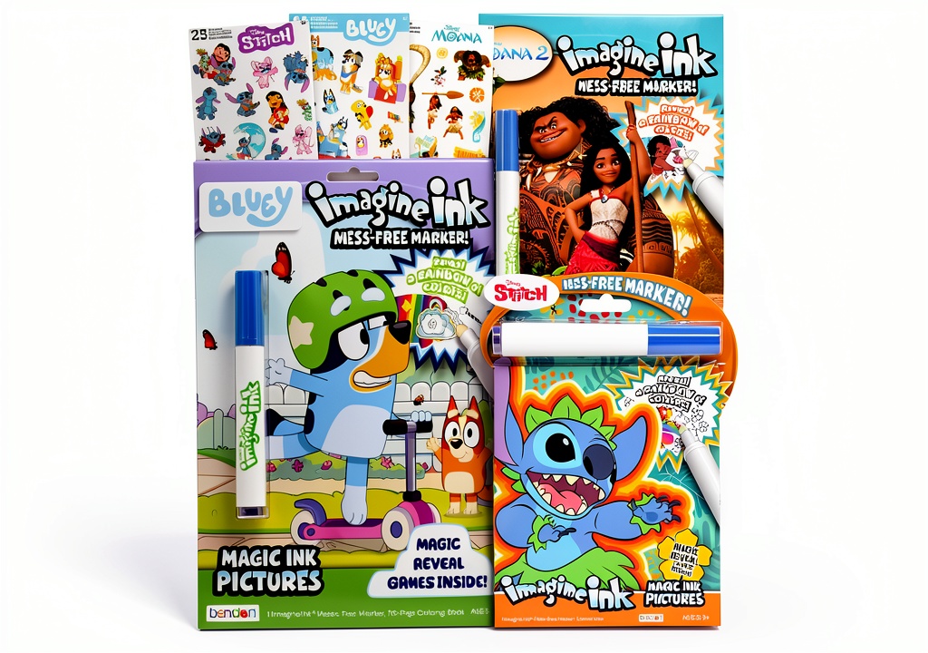 Installing Disney Magic Ink Coloring Books Stitch Moana Bluey Kids on a wooden desk