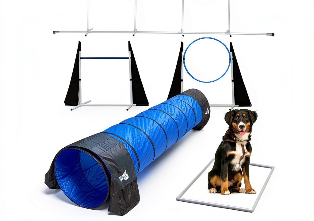 Houseables Dog Agility Set set up in a backyard with a dog navigating the tunnel