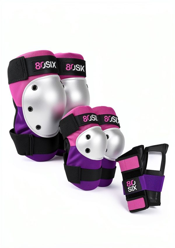 80Six Kids Sport Pad Set Pink Purple Wristguards Knee Elbow Pads-1