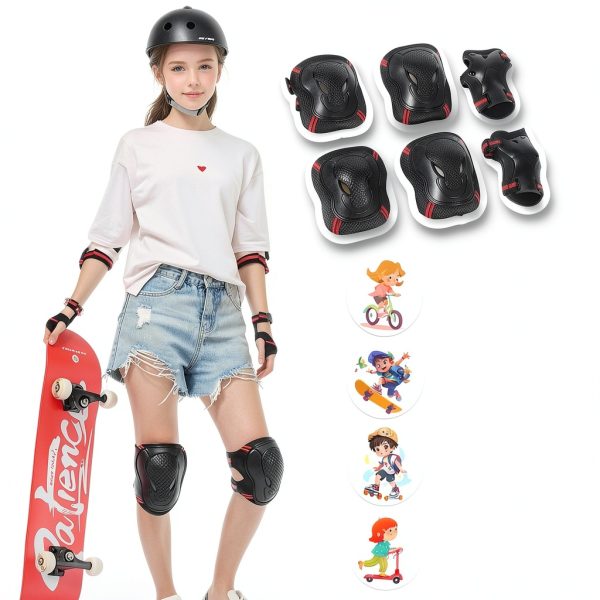 Tsavnpk Kids Skate Protective Gear Set 6‑Piece Black Red Size S/M-6